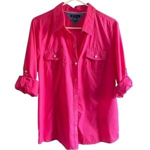 Tommy Hilfiger Roll Tab Button Down Woman's Top Barbie Pink Sz LG